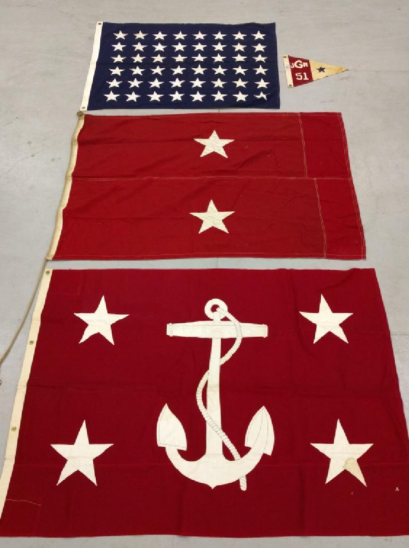 Nautical Flags: Three nautical Admiral flags, the largest red with stars and anchor mark "Under Sec. of Navy Flag", 42" x 60.5", together with another smaller flag.