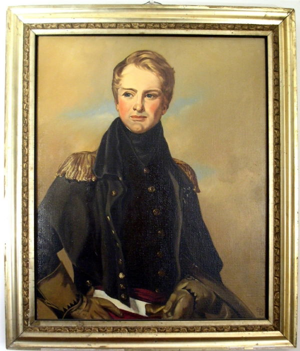 Oil on canvas portrait of Major Thomas Biddle (aft: Oil on canvas portrait of Major Thomas Biddle (after Thomas Sully) initialed "E.P.L." and mounted in a gilt frame. 22"x18"