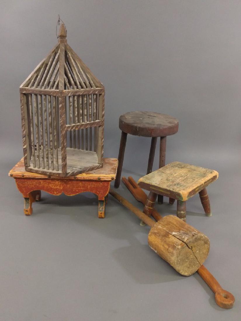Grouping of wooodware: Grouping of six pieces of woodware to include footstools, birdcage, 22"h., etc.