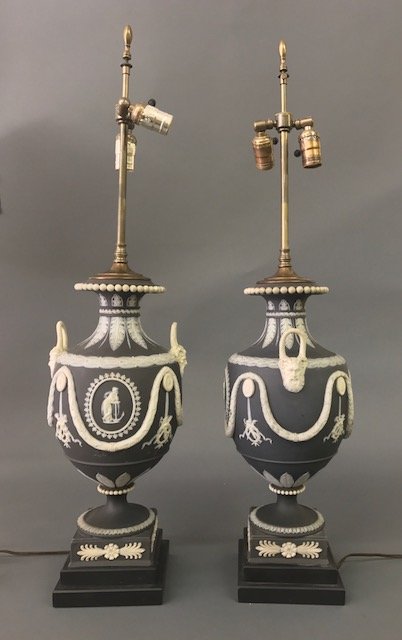 Monumental Pair of Black Wedgwood Urn Lamps (1 of 4)