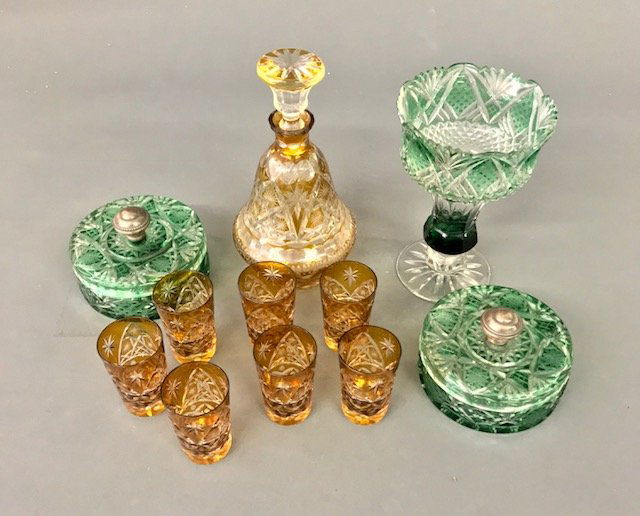 Grouping of Amber & Green Cut to Clear Glass (1 of 2)