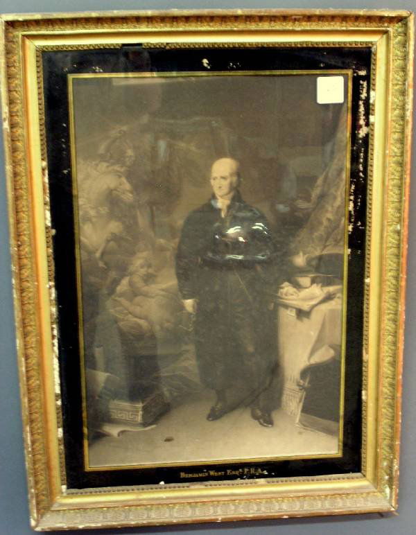 Framed print of Benjamin West, Esq. Some foxing, l: Framed print of Benjamin West, Esq. Some foxing, losses to frame. 24"x16" print