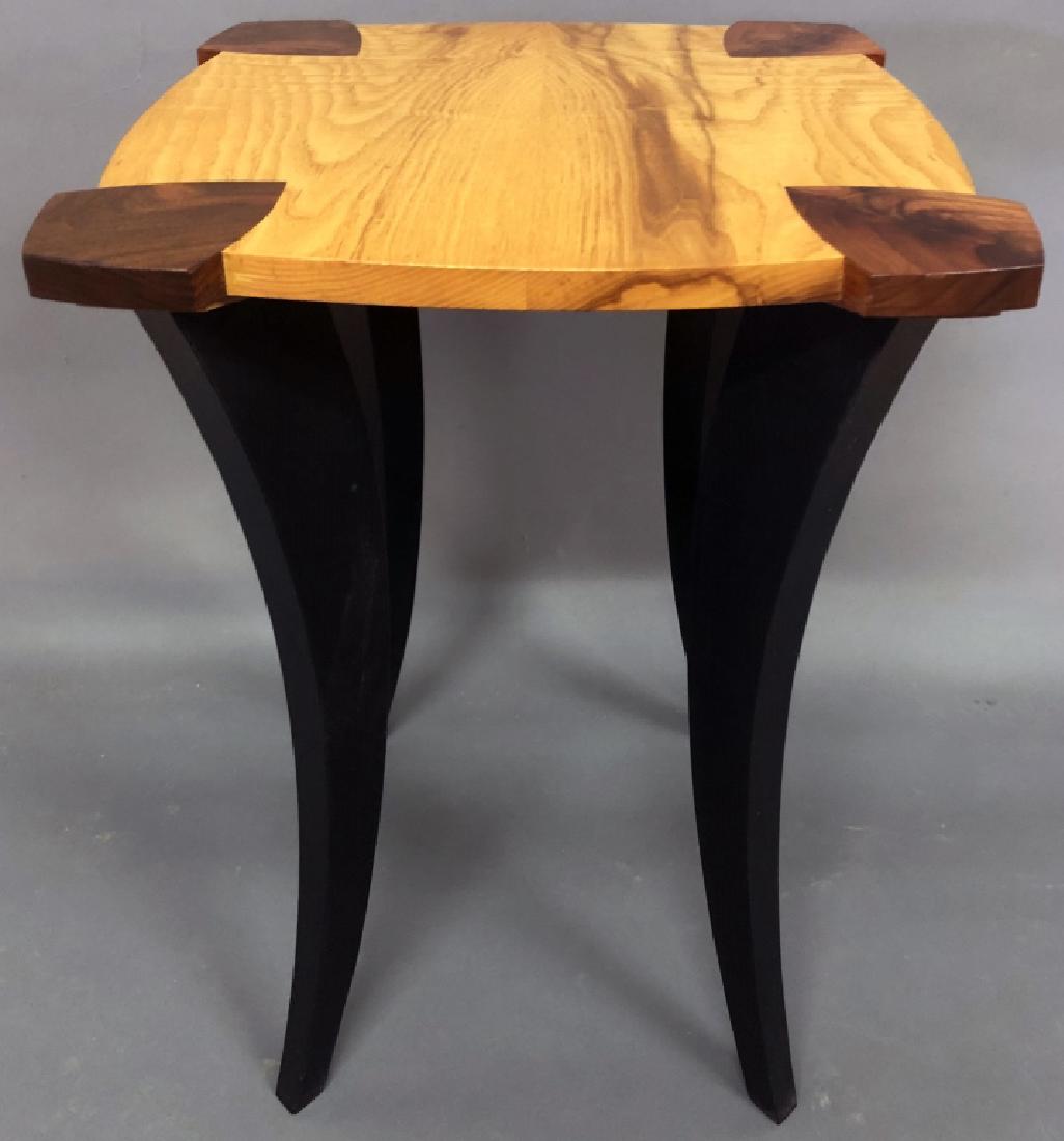 Jeffrey Greene Mixed Wood Square Top Table: Jeffrey Greene (American, 20th c.) mixed wood square top table, signed, 21"h x 15"w