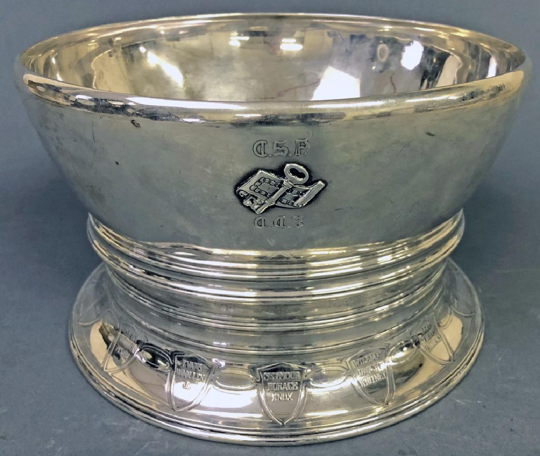 Scroll and Key Society Sterling Silver Punch Bowl: Tiffany & Co. sterling silver punch bowl, a wedding gift to Anne Huntington and Charles Stuart Heminway (C. Stuart Heminway) from Yale University Scroll and Key Society, dated August 1, 1933, with rai