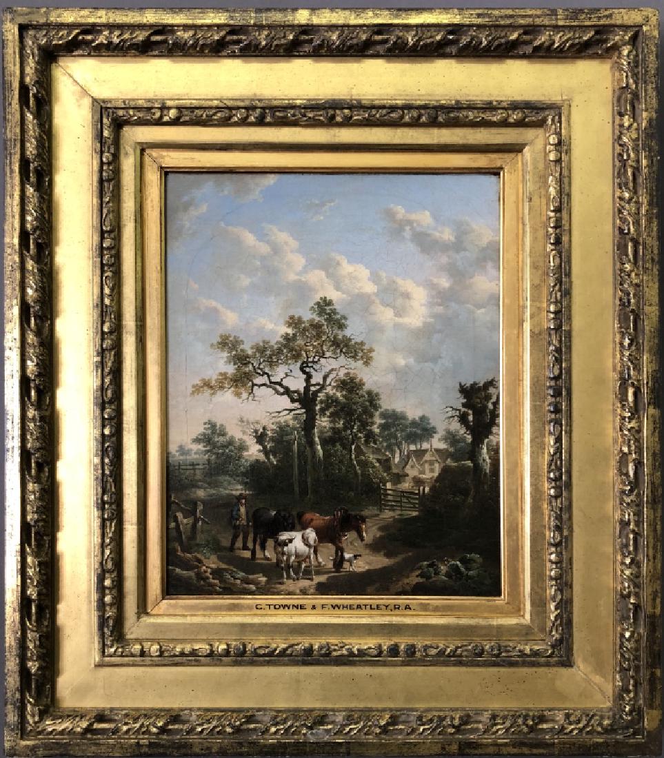 Charles Towne & Francis Wheatley Oil on Canvas: Charles Towne (United Kingdom, 1763 - 1840), Francis Wheatley (United Kingdom, England, Ireland, 1747-1801) oil on canvas landscape with horses and cattle, signed on the frame, "C. Towne & F. Wheatley