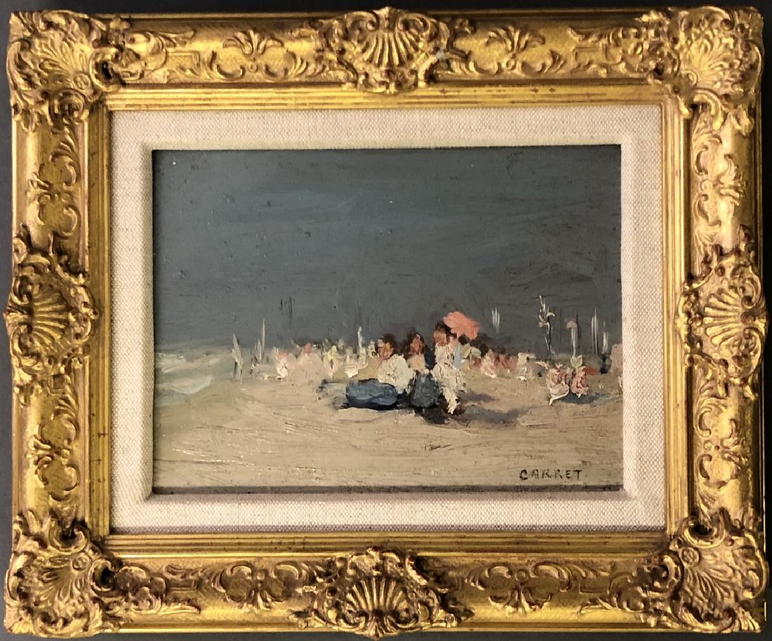 Jaime E. Carret Oil on Board Beach Scene: Jaime E. Carret (New York, New Jersey/Cuba, 1878 - 1941) oil on board beach scene, signed lower right, "Carret," 7 1/4"h x 9 1/4"w sight
