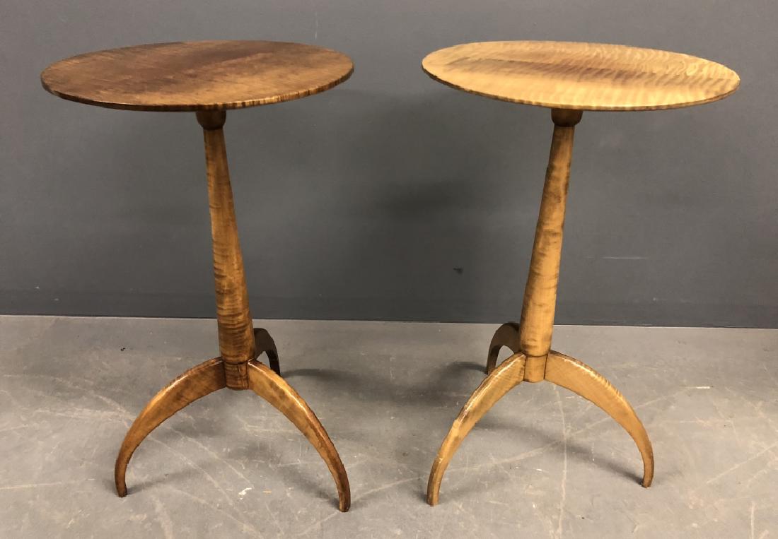 Pair of Custom Shaker Style Tiger Maple Tea Tables: Pair of custom Shaker style tiger maple tea tables, 20th c, 26 1/2"h