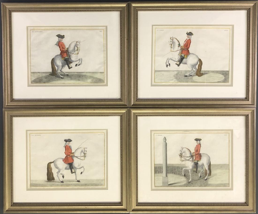 Set of Four Eisenberg Dressage Prints: A set of four framed and matted French dressage prints: "Le Barbe," "Le Superbe," "Le Sans Pareil," and "L' Oiseux," from the 1727 book "Lárt de monter acheval: ou Decription du manege modern, dans s