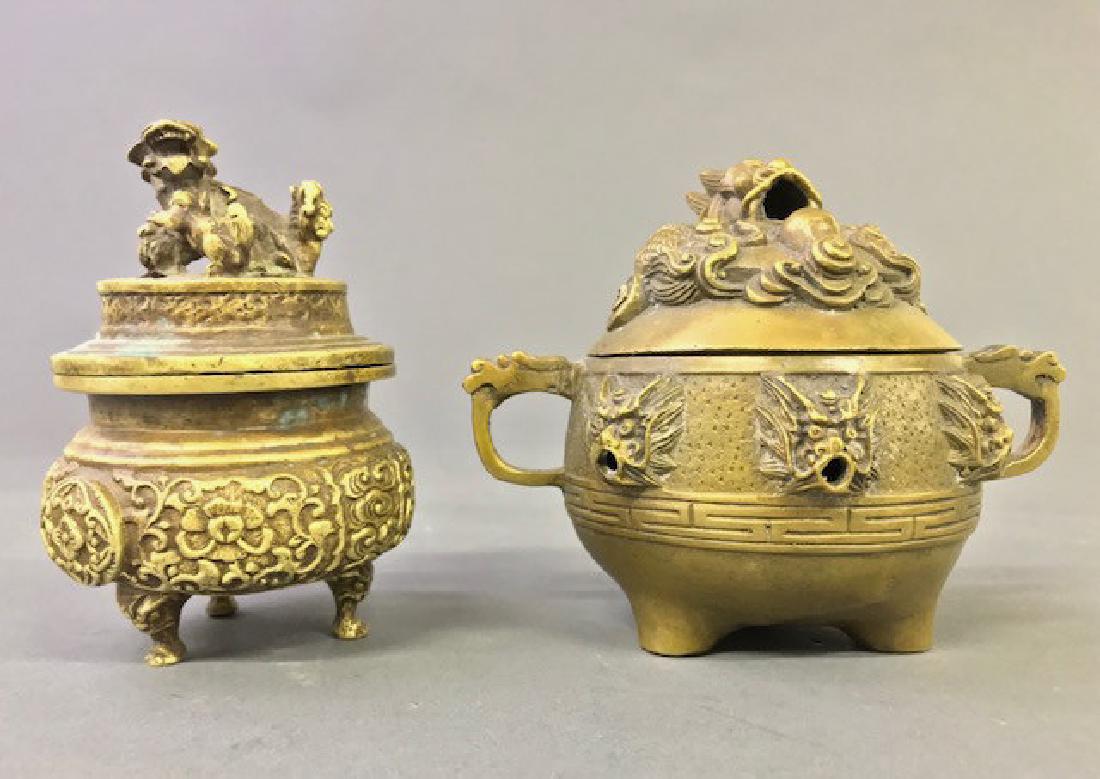 Two Small Chinese Bronze Incense Burners: Two small Chinese bronze incense burners, 19th c, tallest 4"h