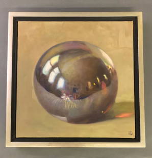 Olga Antonova Oil on Canvas "Silver Ball II": Olga Antonova (Massachusetts / Russian Federation, France, b. 1956) oil on canvas still life titled, "Silver Ball II," 12"h x 12"w sight, Provenance: Gallery Henoch, New York, New York