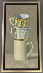 Antonova Oil on Canvas "Three Stacked Cups": Olga Antonova (Russian / American, b. 1956) oil on canvas, titled, "Three Stacked Cups," 20"h x 10"w sight