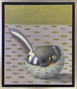 Olga Antonova "Silver Ladle on Green Dots": Olga Antonova (Massachusetts / Russian Federation, France, b. 1956) signed oil on canvas titled, "Silver Ladle on Green Dots," 18"h x 14"w sight, Provenance: Gallery Henoch, New York, New York