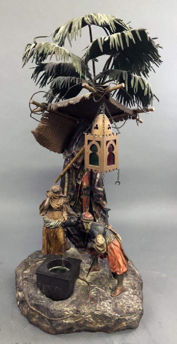 Large, Rare, Important Franz Bergmann Bronze Lamp: Franz Bergmann (Austria, 1838 - 1894) large, rare, and important cold painted bronze table lamp, titled, "The Well," 19th c, with figures of a water maiden and man drinking from her vessel, signed on 