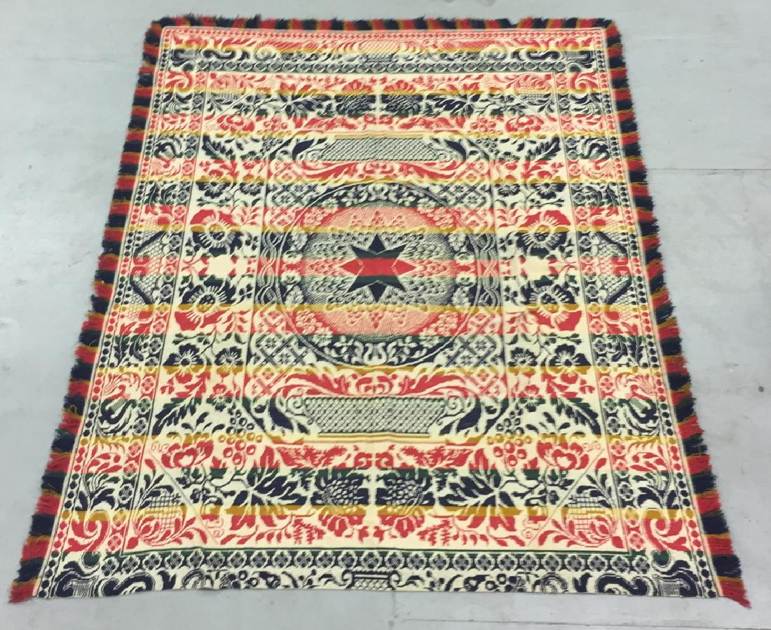 Colorful Jacquard Coverlet with Center Star: Colorful jacquard coverlet with center star, 19th c, 97" x 76"