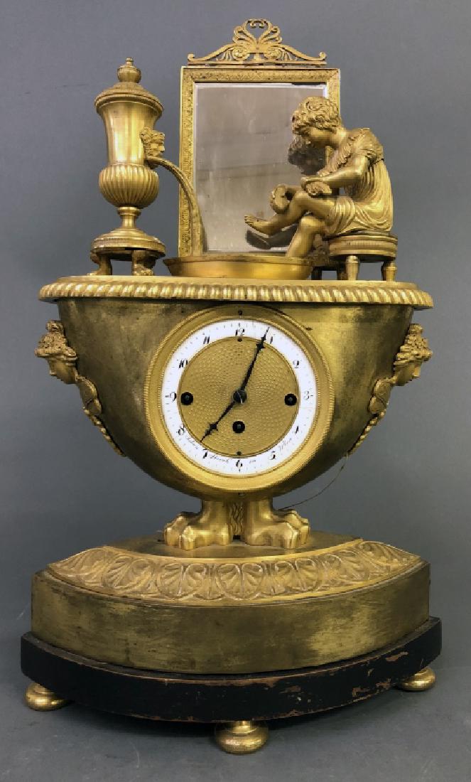 Rare Vienna Gilt Bronze Repeating & Musical Clock: Rare Vienna repeating and musical figural mantel clock, the dial signed, "Johan Storck in Wien," with pull repeater, 16 1/2"h x 10"w. W.A.I. does not guarantee clocks to be complete or in working cond
