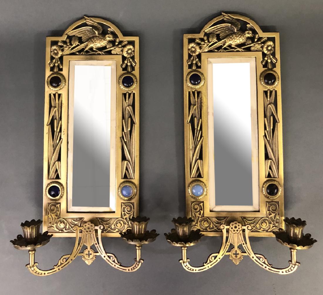 Pair of Brass Mirrored Wall Sconces: Pair of brass mirrored wall sconces, circa 1920, with round colored stones, 19 1/4"h x 10 1/2"w