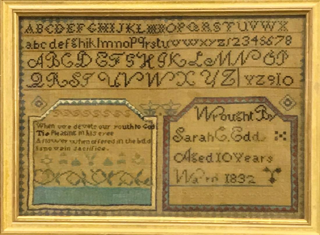 Silk on Linen Sampler: Silk on linen sampler wrought by Sarah G. Eddy, 1832, with A,B,C's and verse, 12" x 16 3/4"