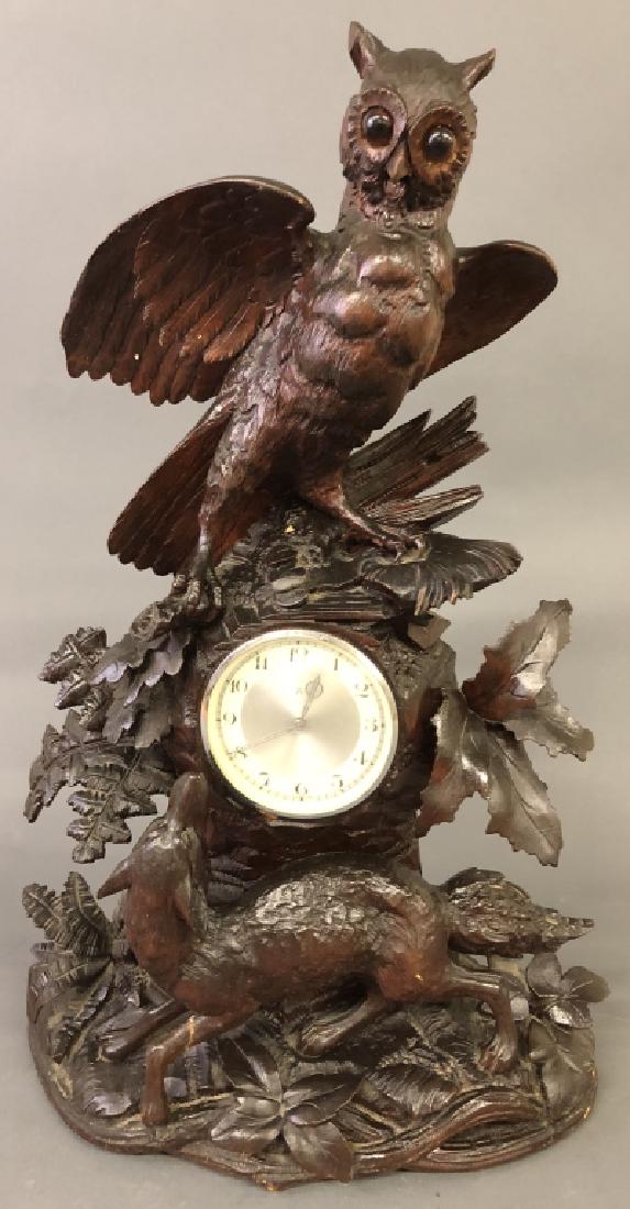 Black Forest Clock with Carved Owl and Wolf (1 of 11)