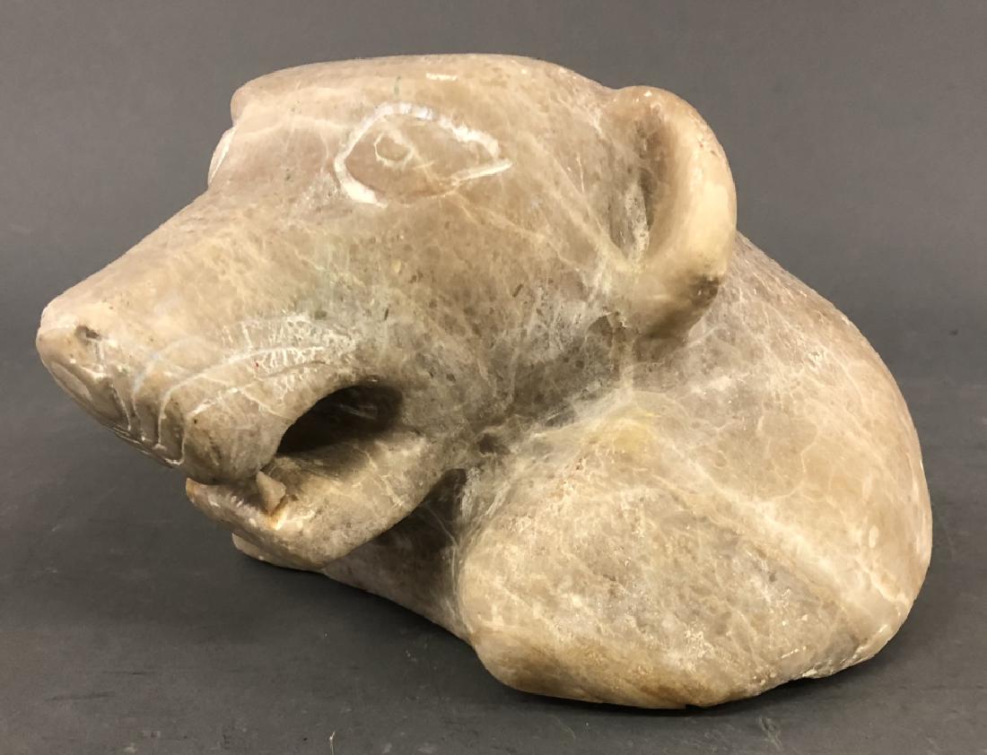 Alabaster Carved Leopard Head: Alabaster carved leopard head, 7"h x 11"l