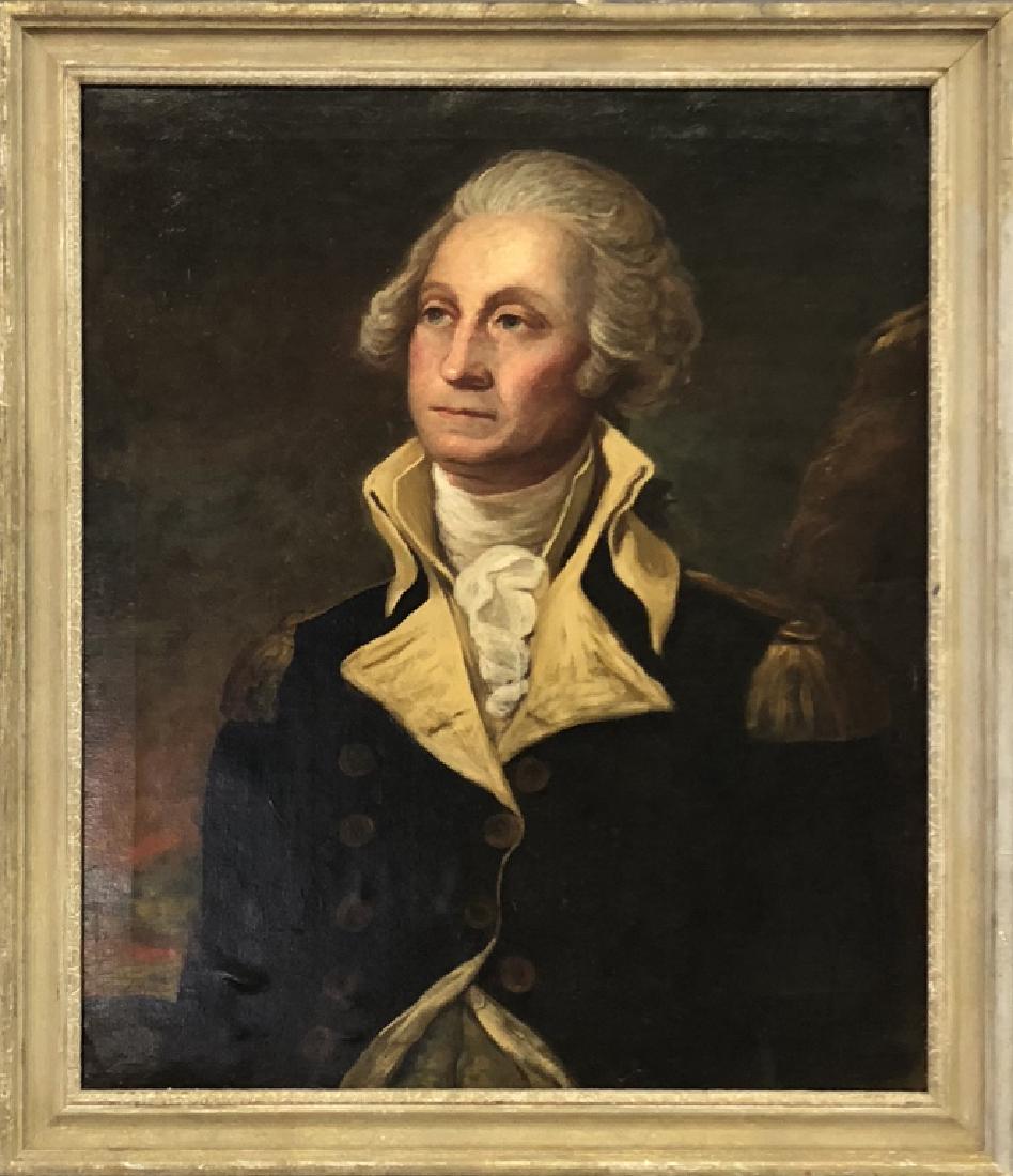 Oil on Canvas Portrait of George Washington: Oil on canvas portrait of Revolutionary War General George Washington, 19th century, in the manner of Jane Stuart, after her father, Gilbert Stuart, 30"h x 24 1/2"w sight