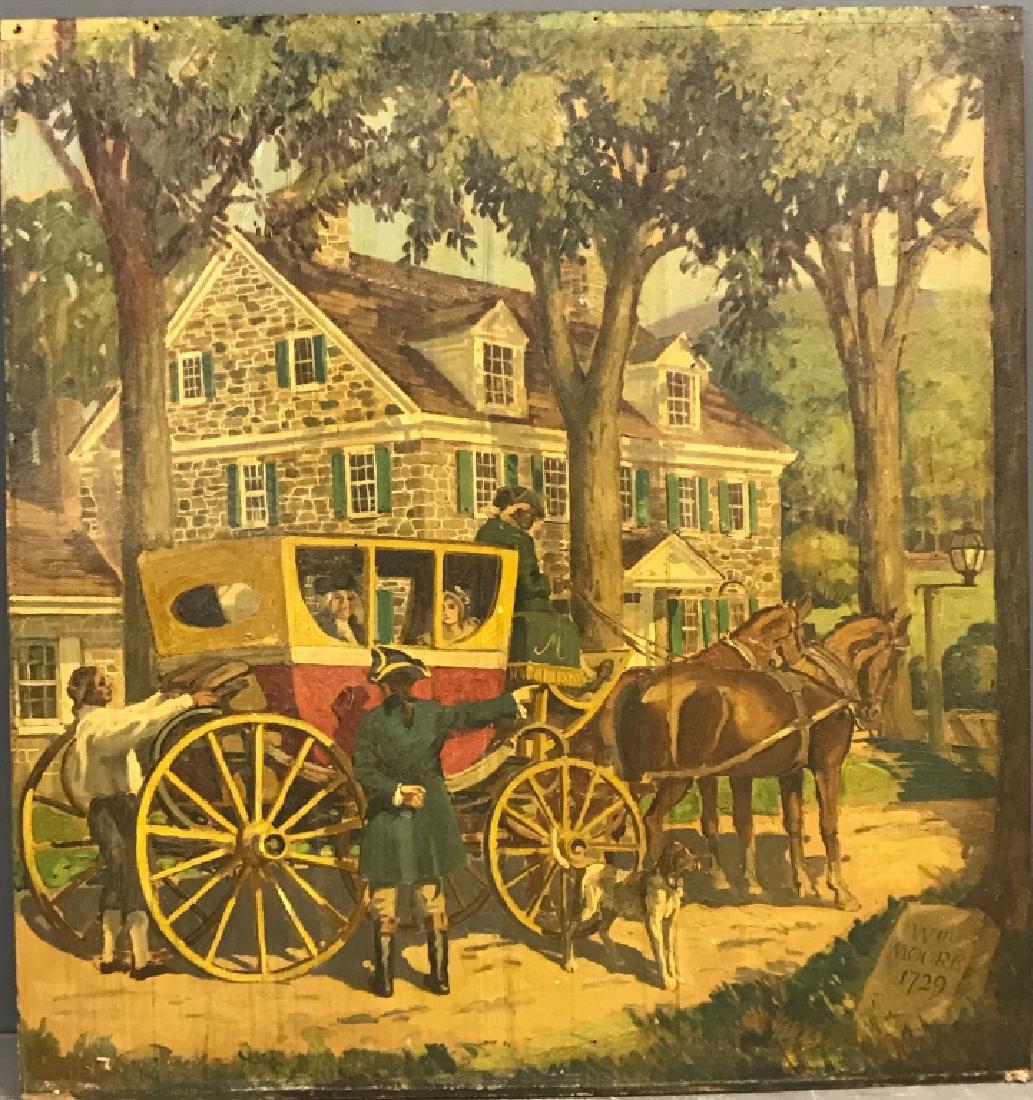 John R. Peirce Oil on Masonite of William Moore...: John R. Peirce (Pennsylvania,1900-1970) oil on masonite of William Moore in a carriage in front of his house, 44 1/4"h x 41 3/4"w. Provenance: From the Bull Tavern, Valley Forge, Pennsylvania