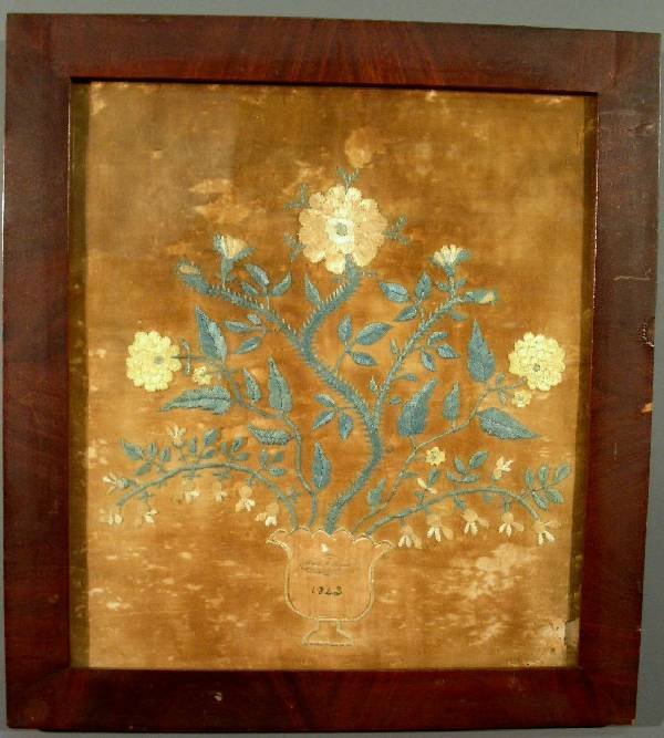 Silk needlework of a pot of flowers "Sarah A. Ro