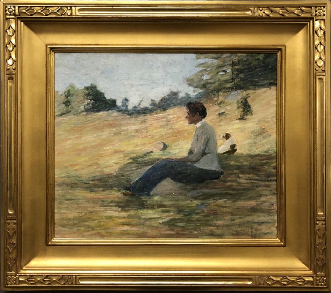 Lucy Hariot Booth Oil on Canvas Self Portrait: Lucy Hariot Booth (American, 1869 - 1952) "Self Portrait with Gibbie" framed oil on canvas, unsigned, 17"h x 20"w sight. Provenance: Wiscasset Bay Gallery, Wiscasset, ME