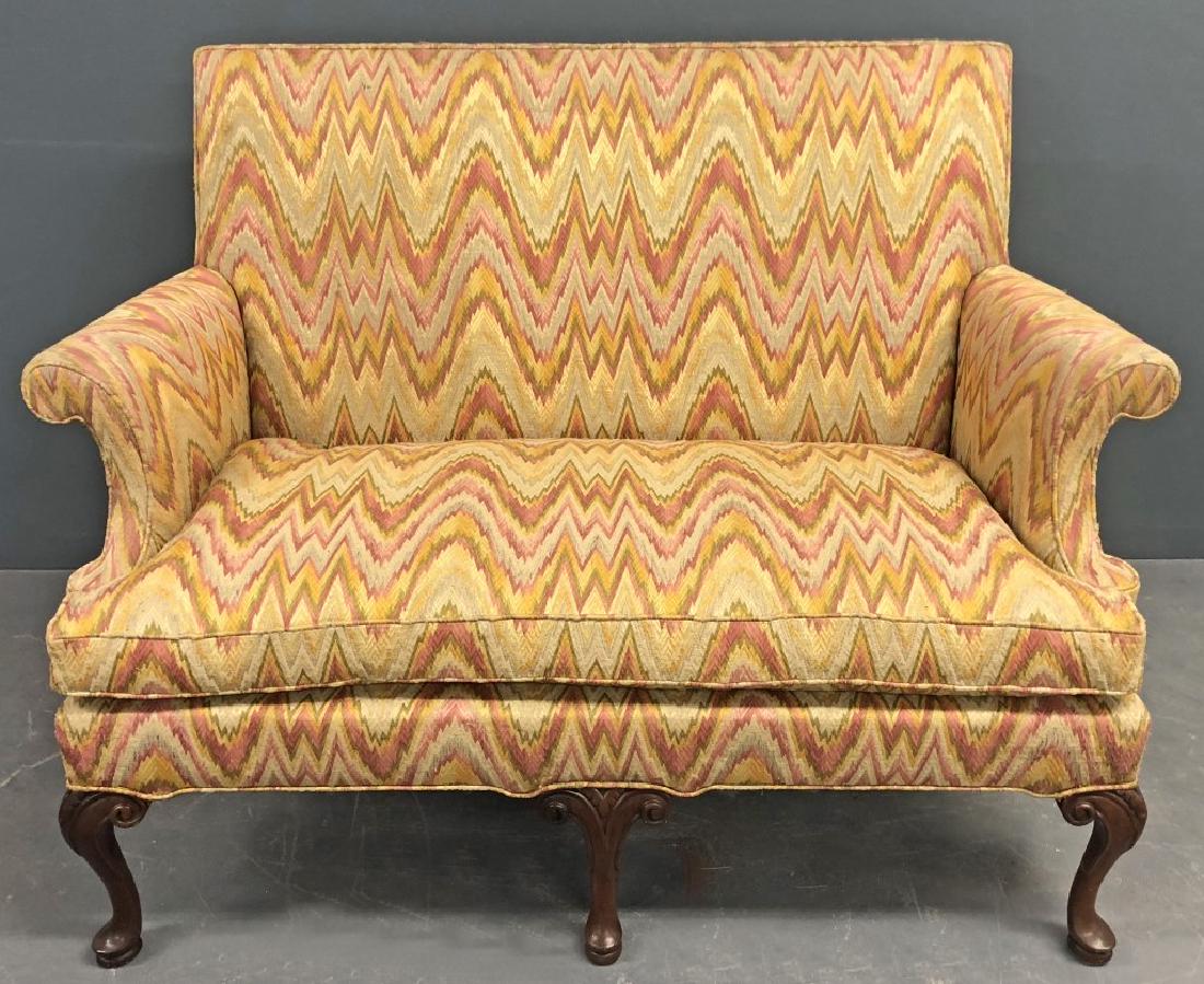 Southwood Queen Anne Style Flame Stitch Settee: Labeled Southwood Queen Anne style flame stitch settee, 39"h x 55"w x 24"d