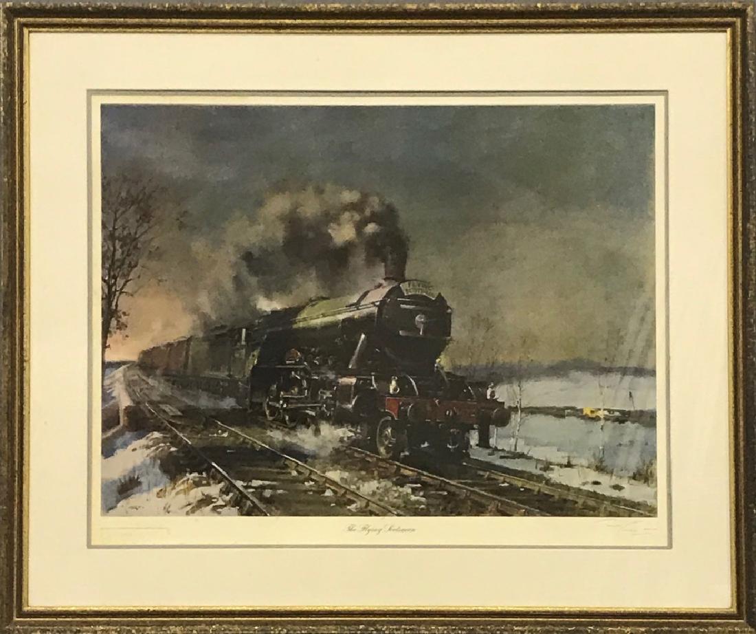 Limited Edition Print of "The Flying Scotsman": Framed and matted limited edition print of "The Flying Scotsman," pencil signed by the artist, "Terence Cuneo," # 506/850, 24" x 31"