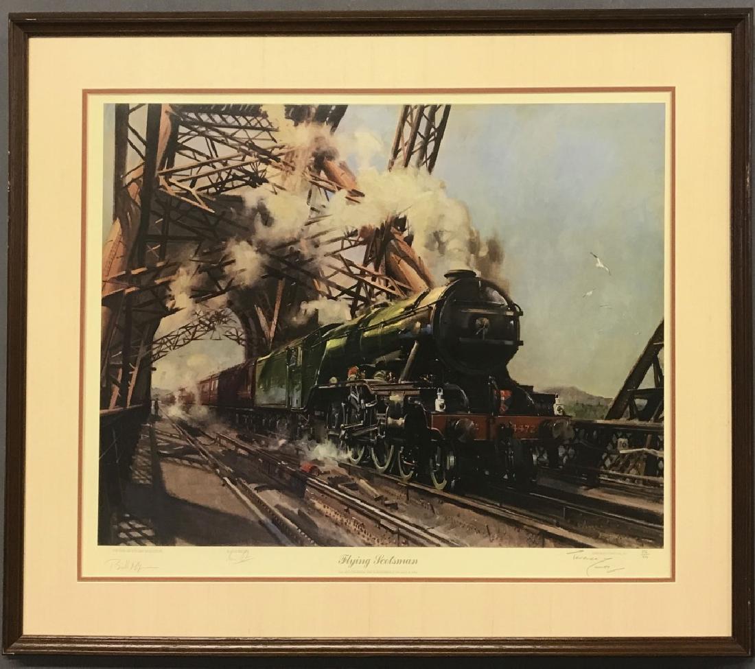 Limited Print of The Flying Scotsman: Framed and matted limited print of The Flying Scotsman, pencil signed signed by William McAlpine, Alan Pegler, and Terence Cungo, 23" x 27 1/2"