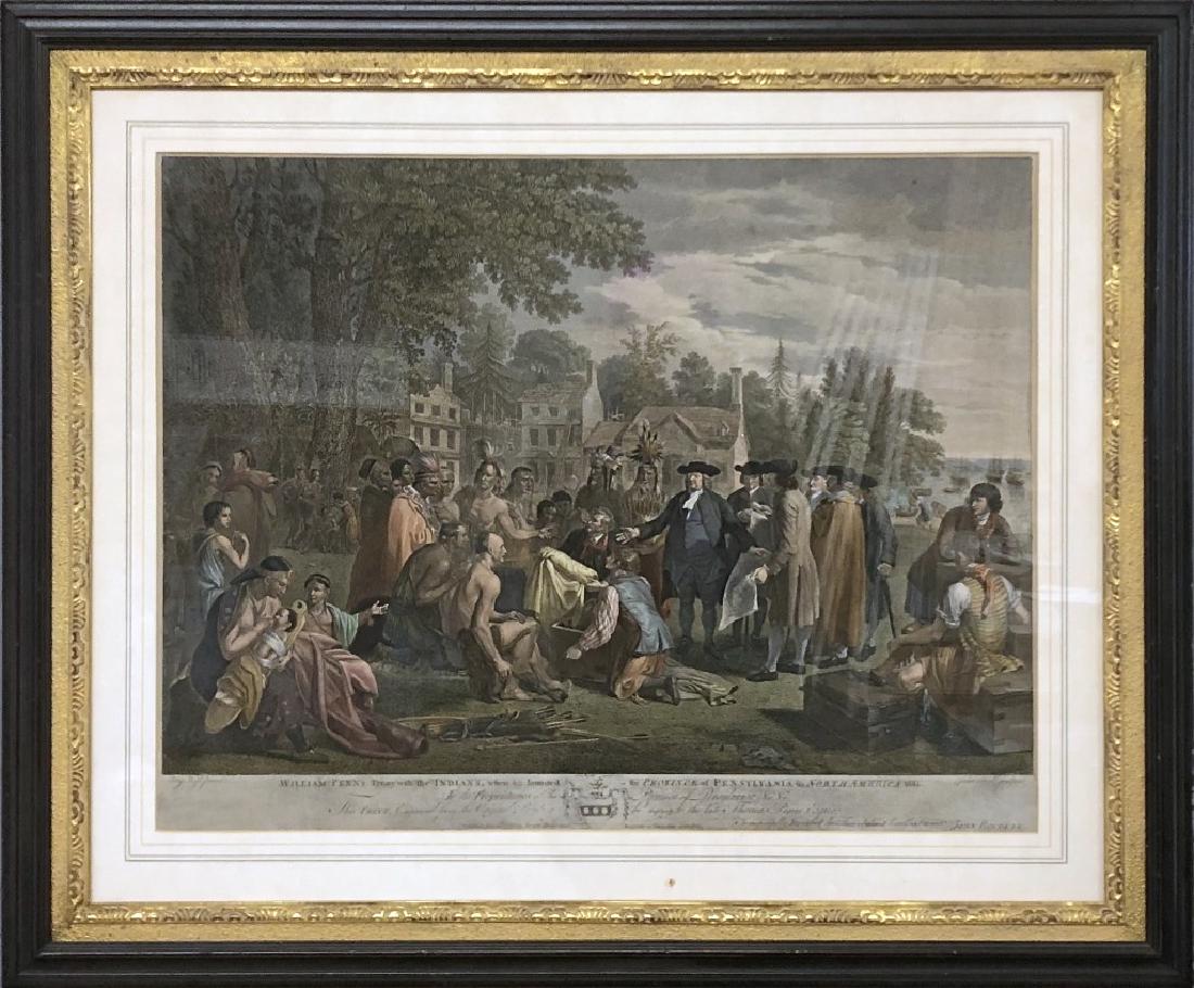 William Penn's Treaty with the Indians Print: Framed and matted William Penn's Treaty with the Indians, published by John Boydell, 10 1/2"h x 23 1/4"w sight