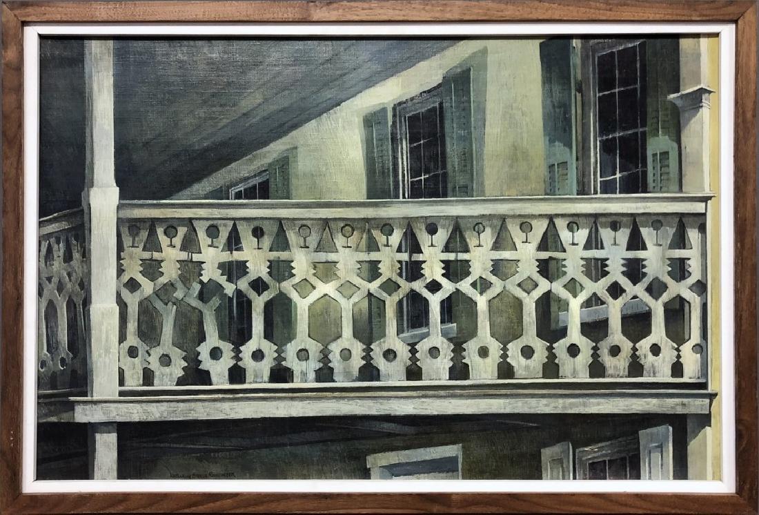 Katherine Steele Renninger Oil Painting: Katherine Steele Renninger (Pennsylvania, 1925 - 2004) oil on canvas on masonite of a Victorian porch, signed, 19"h x 29 1/2"w sight