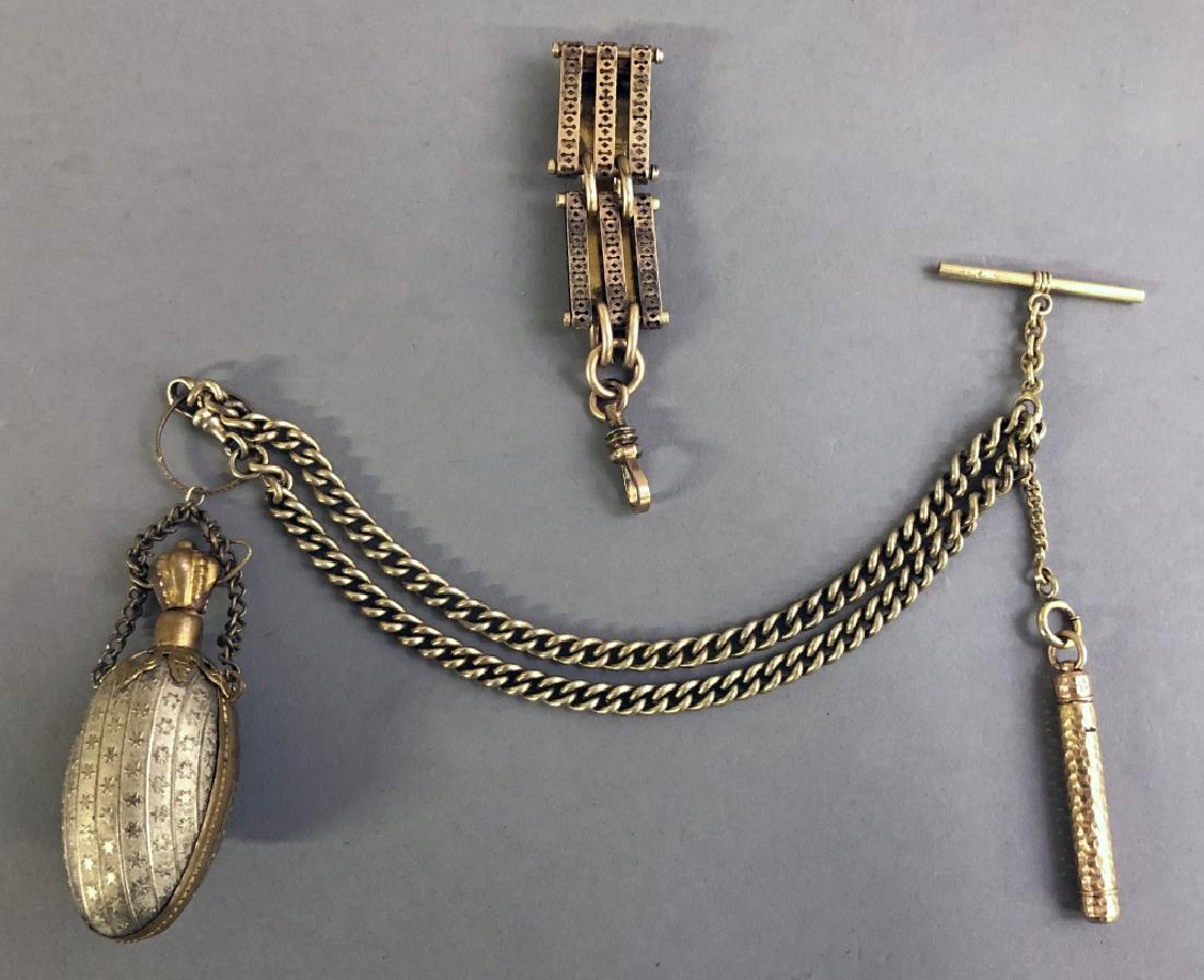 Gold Filled Watch Fob: Gold filled watch fob with perfume vial and pen, 7 1/2"l, together with another holder