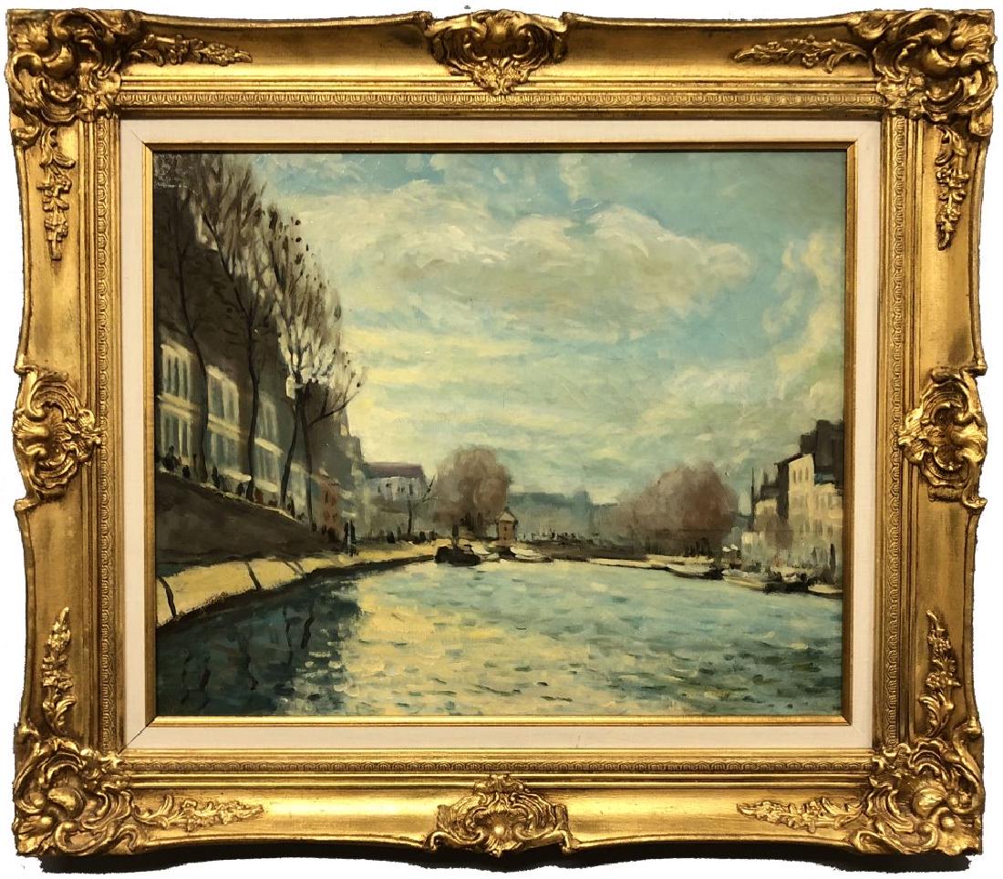 Oil on Canvas After Alfred Sisley: Contemporary oil on canvas student painting after Alfred Sisley "View of the Canal Saint-Martin, Paris", unsigned, frame dated 1984, 19 1/4"h x 24"w sight