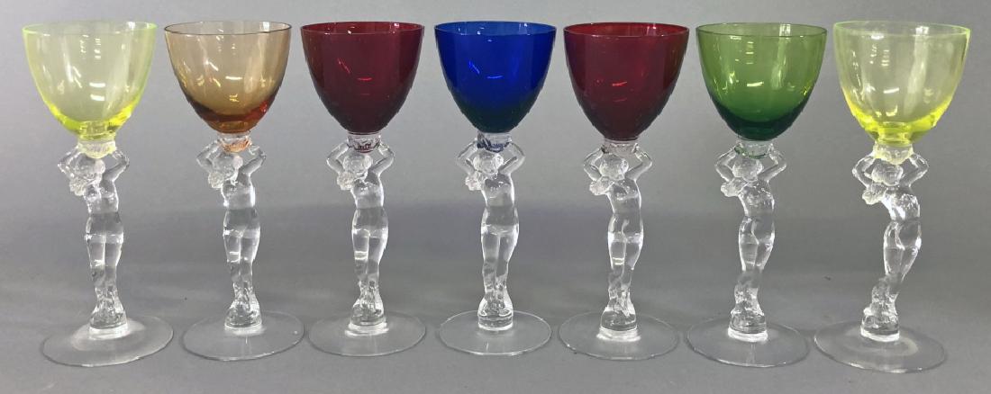 Seven Cambridge Glass Nude Stem Wine Glasses: Seven Cambridge Glass nude stem wine glasses, 7 3/4"h