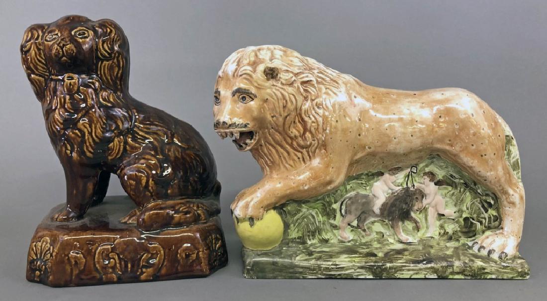 Capodimonte Lion & Bennington Dog: Capodimonte lion, mid-19th c, 9"h x 12"w, together with a Bennington dog, 10"h