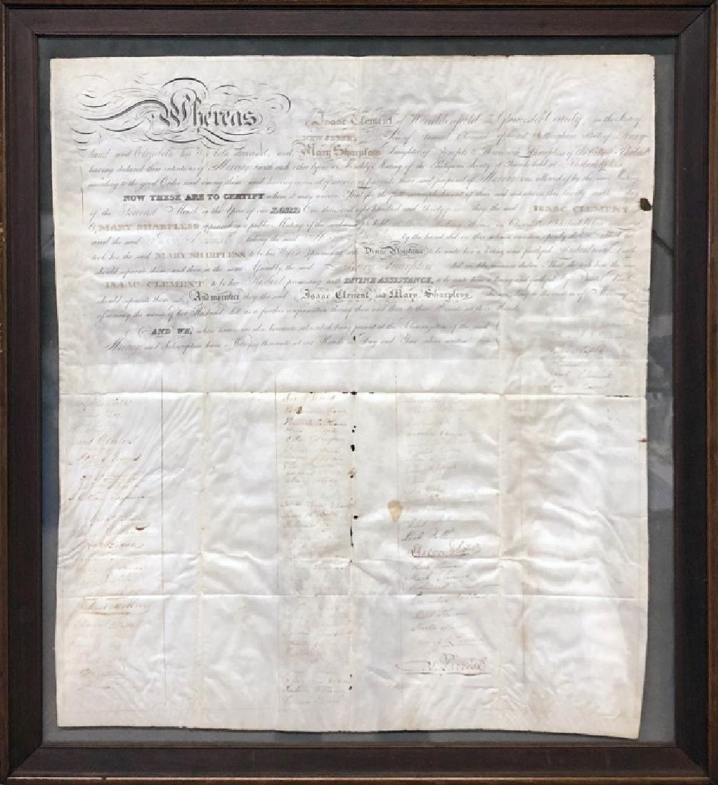 Framed Friends Meeting Marriage Certificate: Framed Friends Meeting marriage certificate, Isaac Clement and Mary Sharpless, 1834, 26"h x 22 1/2"w sight
