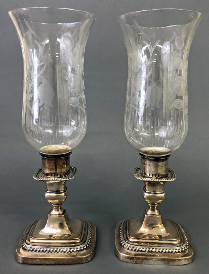 Two Sheffield Silver Candlesticks with Shades (1 of 3)