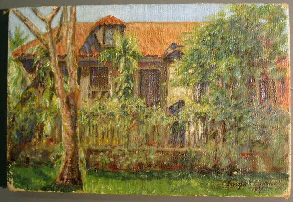 Oil on canvas painting of a Florida (?) home signe