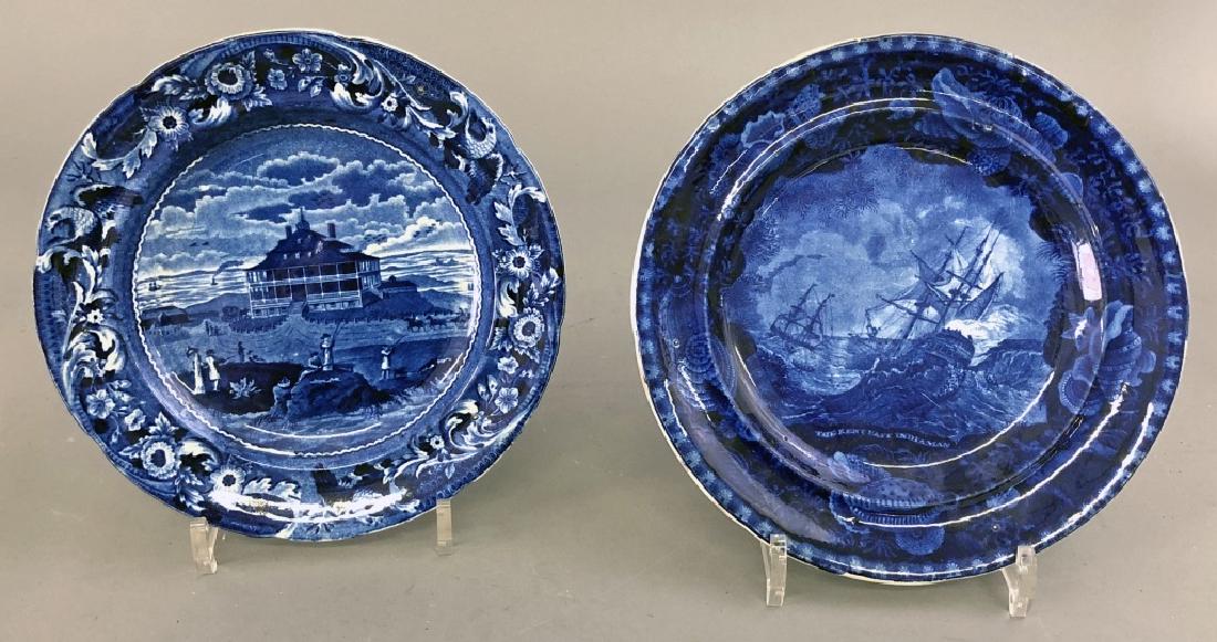 Two Historical Blue Staffordshire Plates: Two historical blue Staffordshire plates, "The Kent East Indiaman," and "Nahant Hotel Near Boston," larger 9"dia