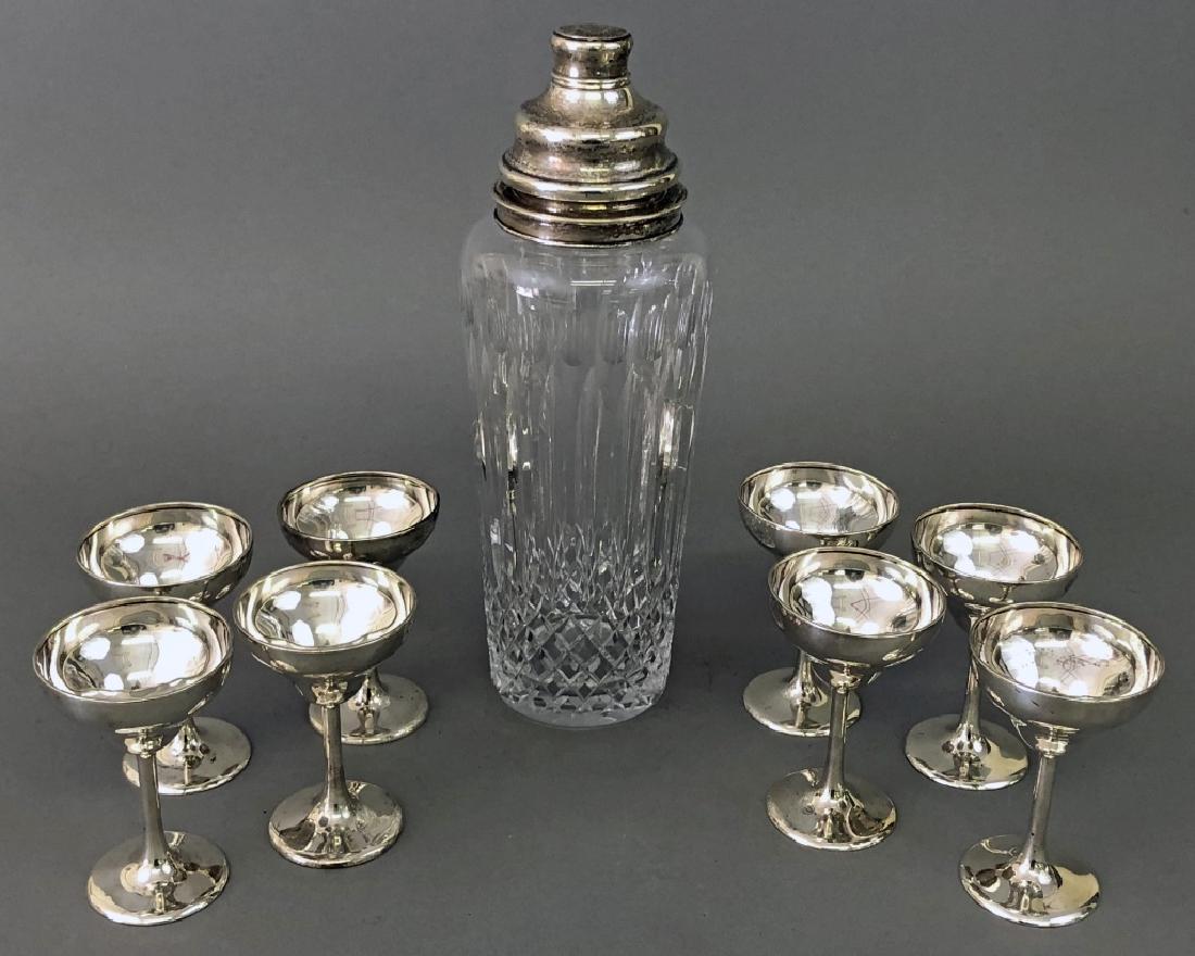 Hawkes Crystal Martini Shaker and Silver Glasses: Signed Hawkes crystal martini shaker with sterling top, 13"h, together with eight silver martini glasses