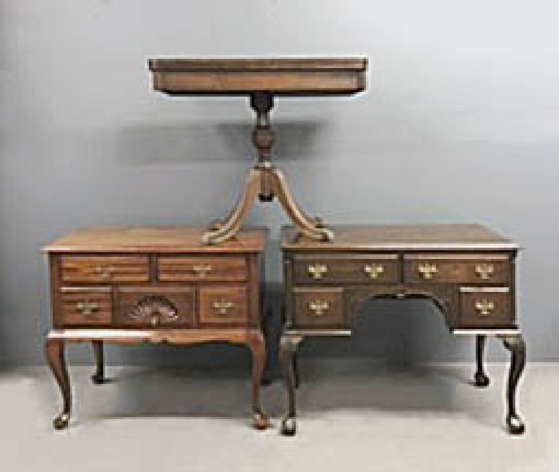 Chippendale Style Desk, Low Boy, & Card Table: Chippendale style mahogany writing desk, 30"h x 39 1/2"w, together with a J.B. Van Sciver mahogany low boy and a Duncan Phyfe style card table