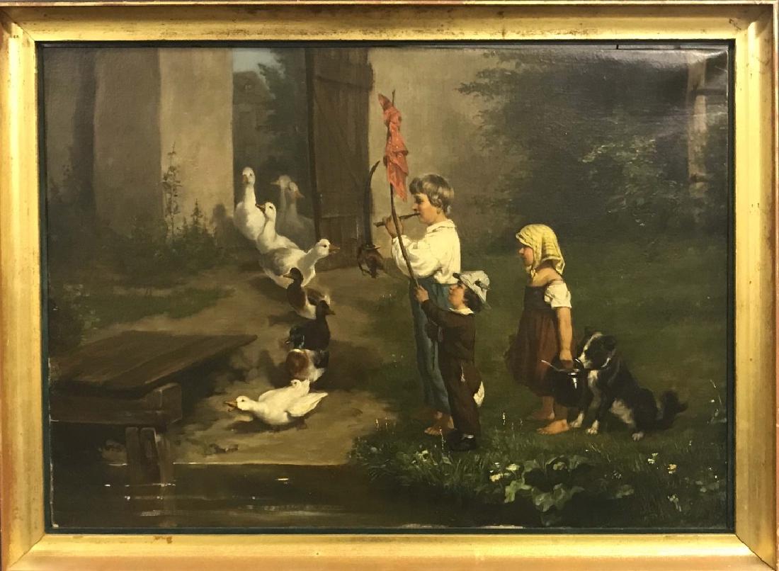Signed Oil on Canvas of Children & Ducks: C.K. Arnold (?) oil on canvas of children and ducks, signed lower left, 19 1/2"h x 26 3/4"w