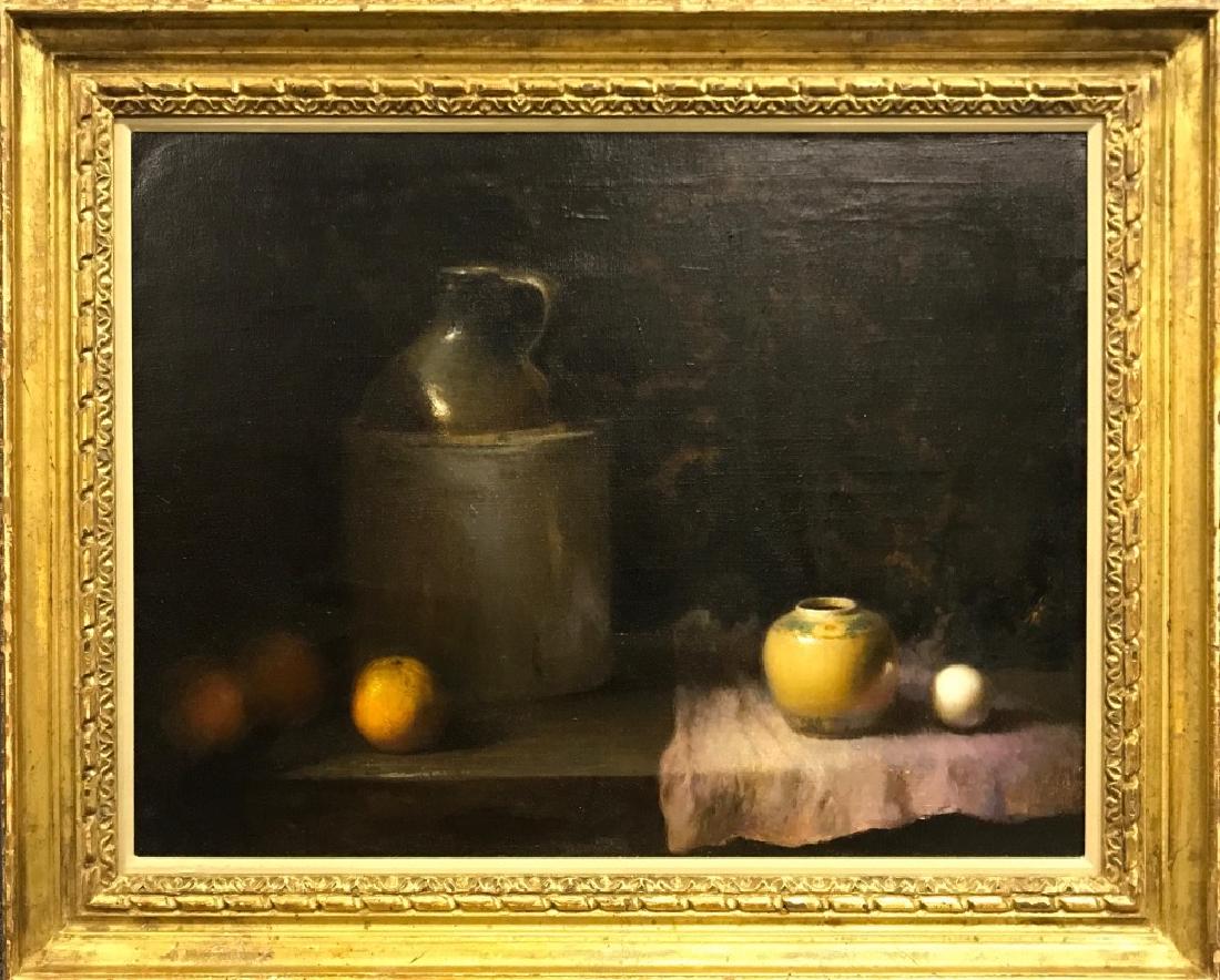 David Leffel Oil on Canvas Still Life: David Leffel oil on canvas still life titled, "Jug, Organge, and Vase," mounted in a gilt frame, sight 20"h x 26"w