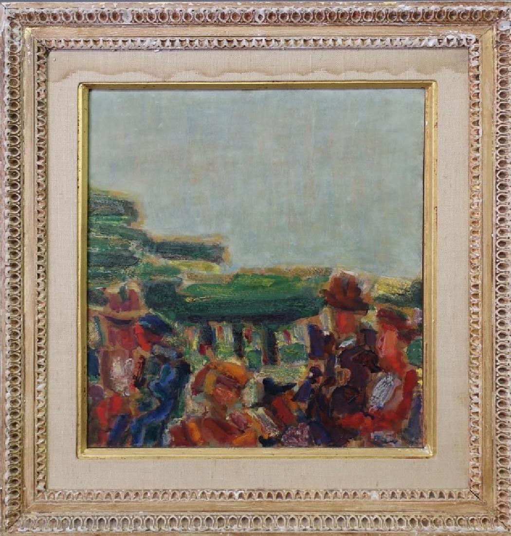 Harry Sefarbi Oil on Masonite Painting "Strollers": Harry Sefarbi (American,1917-2009) oil on masonite titled, "Strollers", signed lower right, mounted in its original artist-made frame, 16"h x 15"w sight