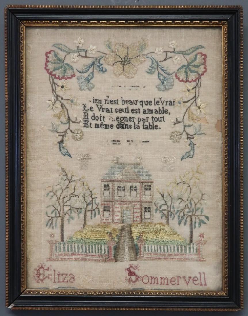 French Silk on Linen Sampler: French silk on linen sampler, early 18th c, wrought by Eliza Sommervell, 12"h x 9"w