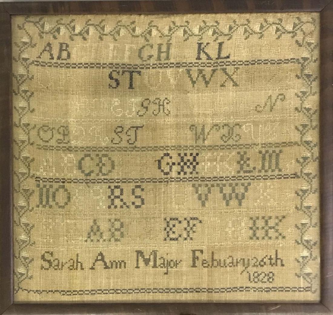 Silk on Linen Sampler: Silk on linen sampler wrought by "Sarah Ann Major February 26th 1828", 17"h x 17"w