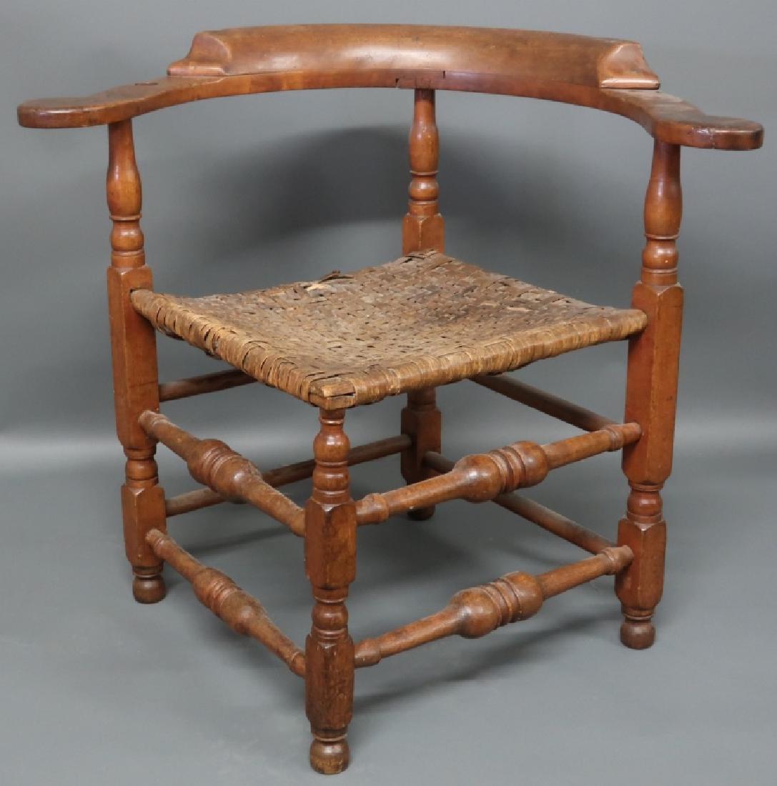 New England Maple Corner Chair: New England maple corner chair, 18th c, with splint wood seat, 26"h x 30"w x 26"l, seat height 16 1/2"