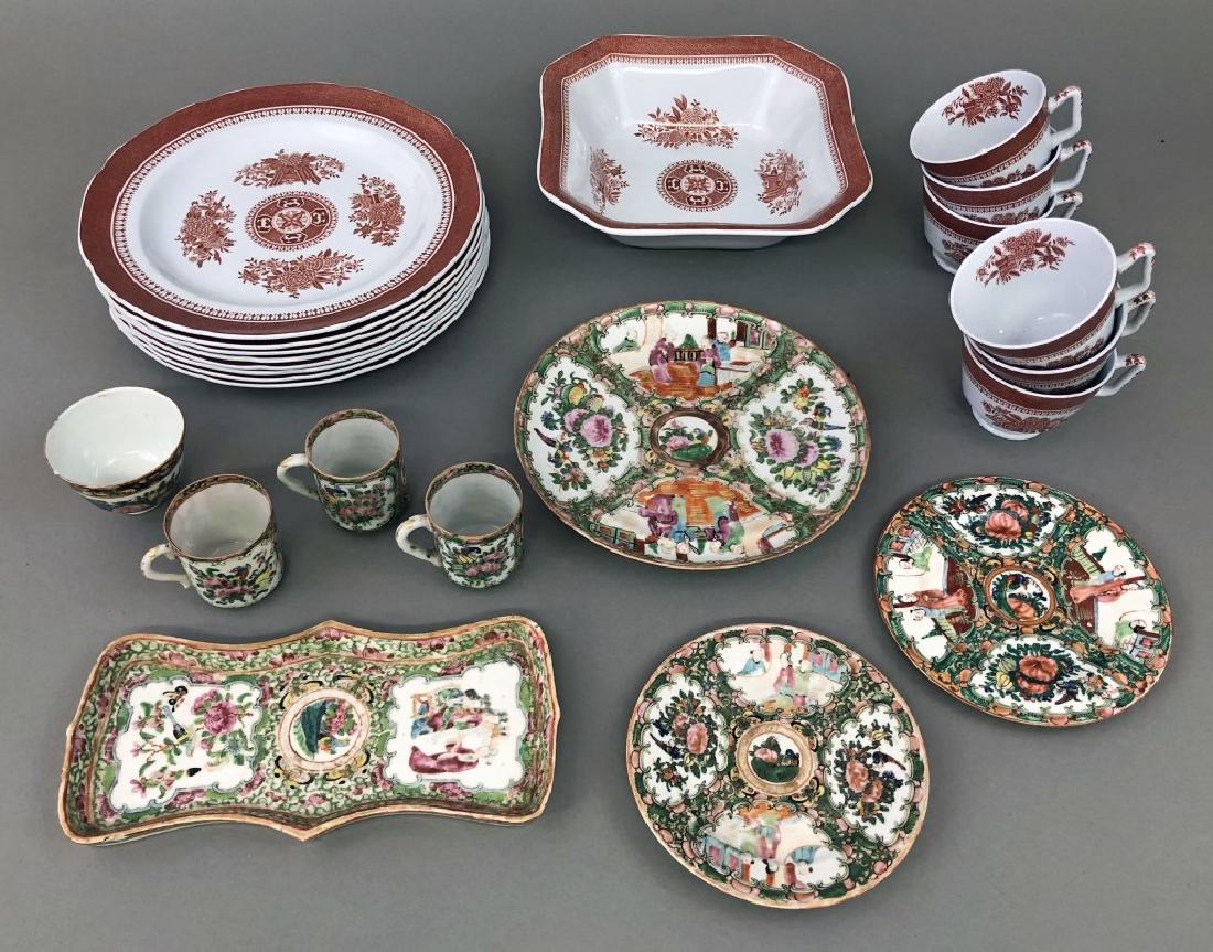 Rose Medallion and Spode Fitzhugh Tableware: Rose Medallion large plate, 8 1/2"dia, and handleless cup marked "China", etc, together with Spode Fitzhugh tableware