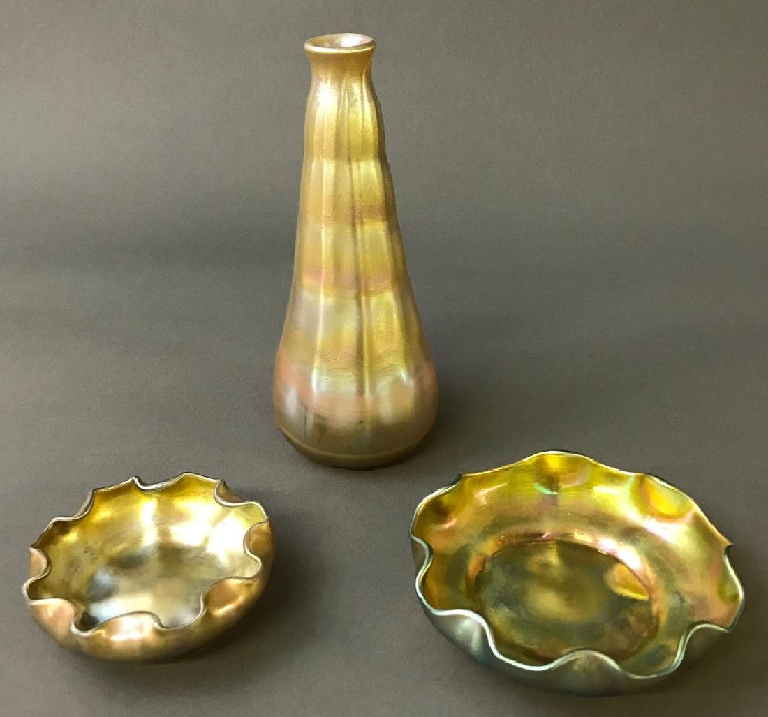 Tiffany Favrille Glass Bud Vase and 2 Dishes (1 of 2)